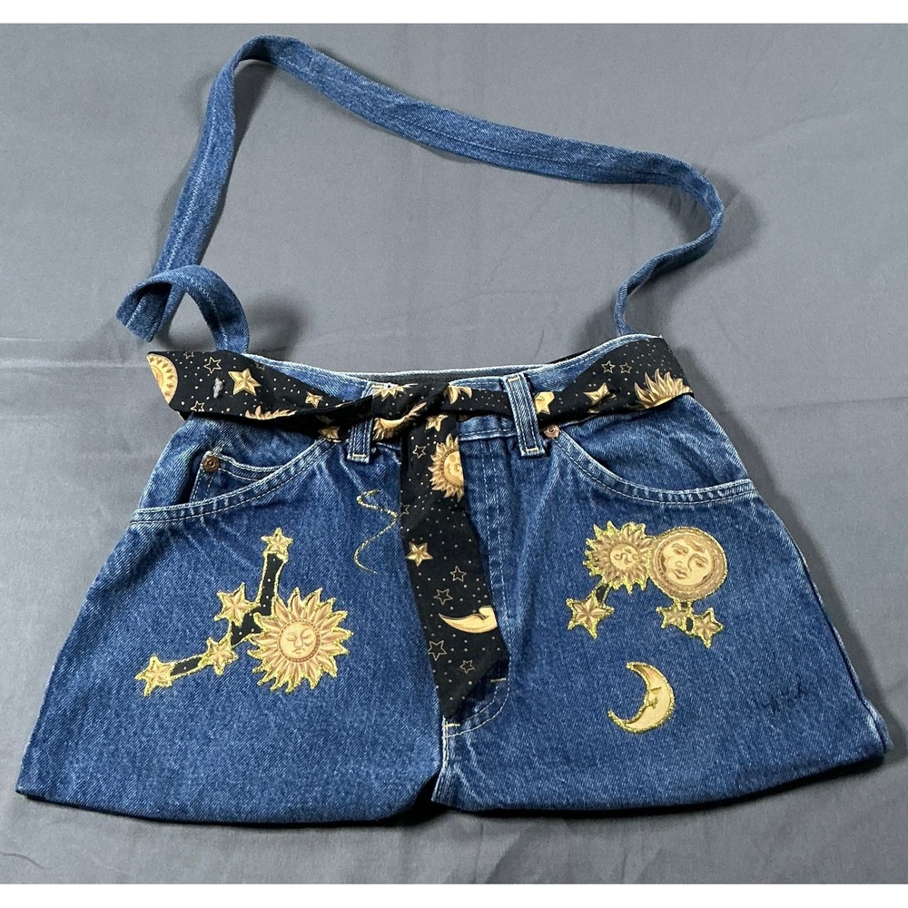 Lee Upcycled Denim Celestial Sun Moon Star Tote Shoulder Bag Blue Handbag VTG